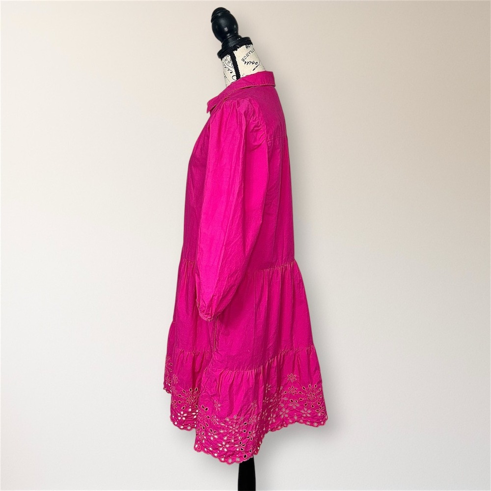 GAP Pink Eyelet Hem Cotton Shirt Mini Dress Sequin Heart Puff Sleeve Pockets - Picture 5 of 12